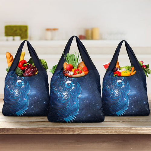 Aotearoa New Zealand New Year Grocery Bag Tribal Koru Tattoo Blue Galaxy Maori Silver Fern