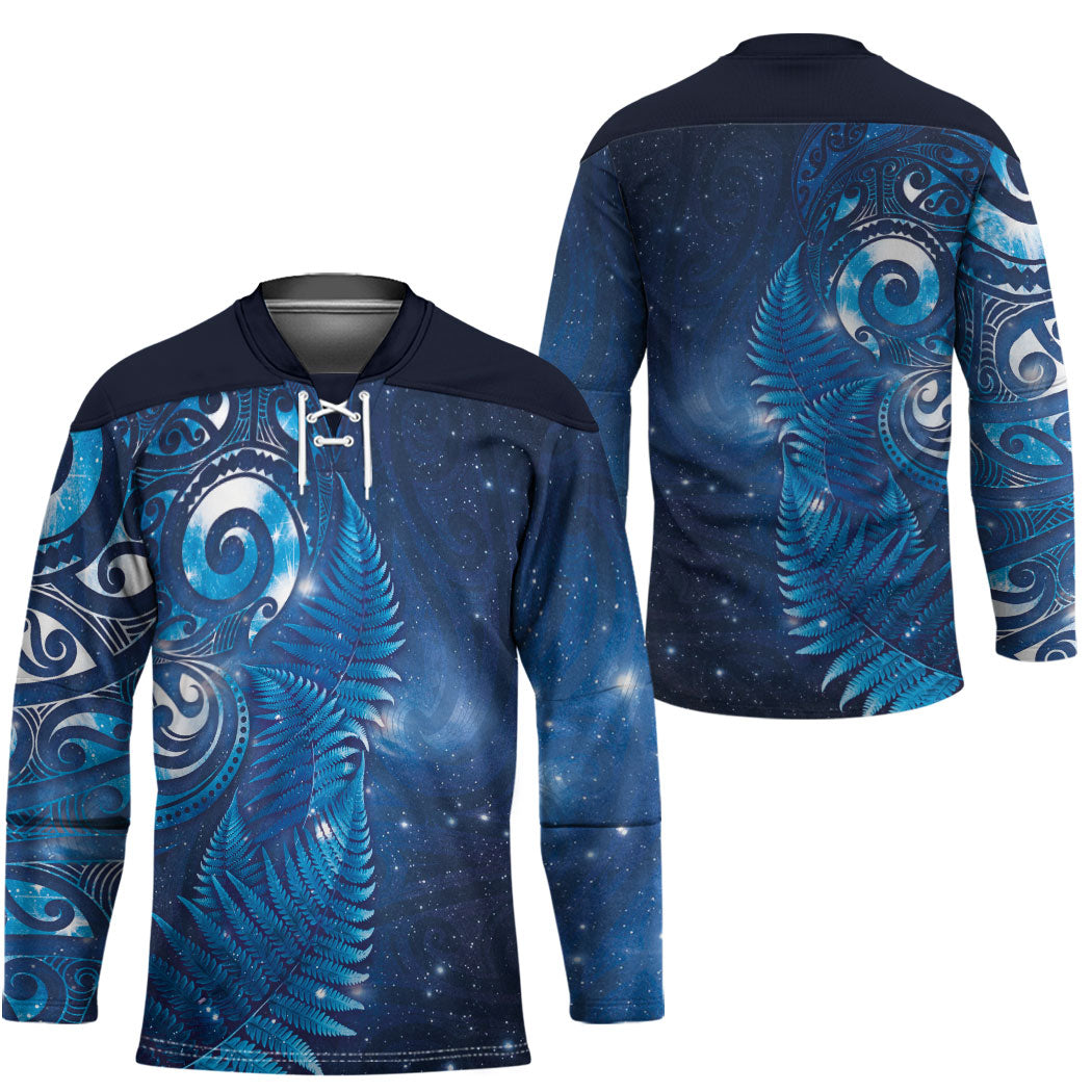Aotearoa New Zealand New Year Hockey Jersey Tribal Koru Tattoo Blue Galaxy Maori Silver Fern