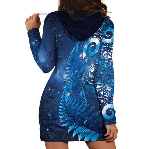Aotearoa New Zealand New Year Hoodie Dress Tribal Koru Tattoo Blue Galaxy Maori Silver Fern