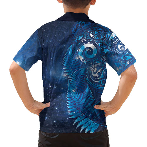 Aotearoa New Zealand New Year Kid Hawaiian Shirt Tribal Koru Tattoo Blue Galaxy Maori Silver Fern