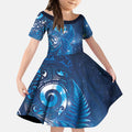 Aotearoa New Zealand New Year Kid Short Sleeve Dress Tribal Koru Tattoo Blue Galaxy Maori Silver Fern