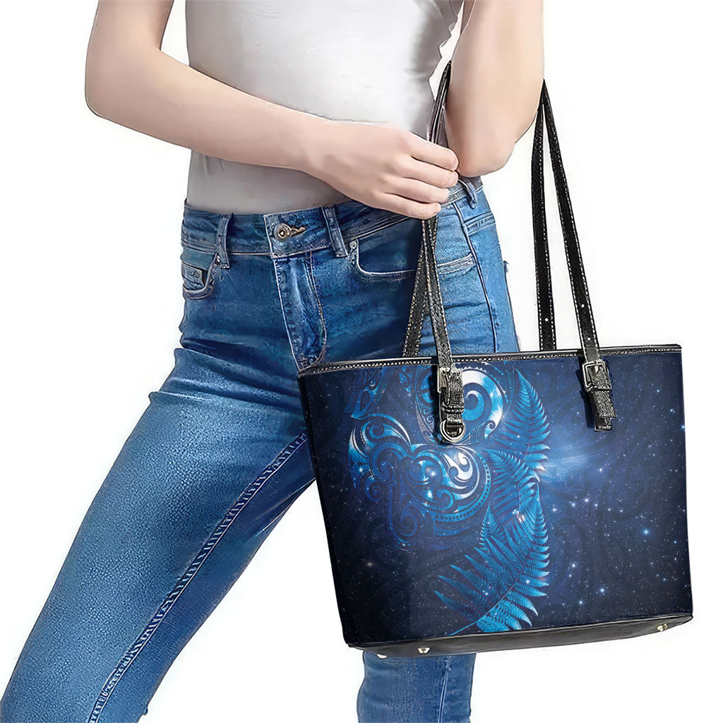 Aotearoa New Zealand New Year Leather Tote Bag Tribal Koru Tattoo Blue Galaxy Maori Silver Fern