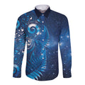 Aotearoa New Zealand New Year Long Sleeve Button Shirt Tribal Koru Tattoo Blue Galaxy Maori Silver Fern