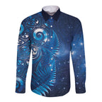 Aotearoa New Zealand New Year Long Sleeve Button Shirt Tribal Koru Tattoo Blue Galaxy Maori Silver Fern