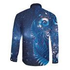 Aotearoa New Zealand New Year Long Sleeve Button Shirt Tribal Koru Tattoo Blue Galaxy Maori Silver Fern