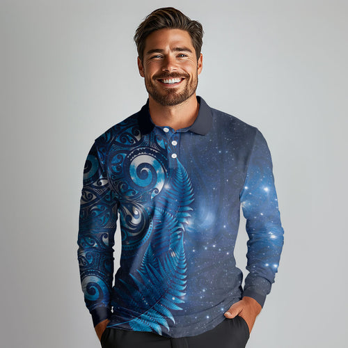 Aotearoa New Zealand New Year Long Sleeve Polo Shirt Tribal Koru Tattoo Blue Galaxy Maori Silver Fern
