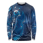 Aotearoa New Zealand New Year Long Sleeve Shirt Tribal Koru Tattoo Blue Galaxy Maori Silver Fern