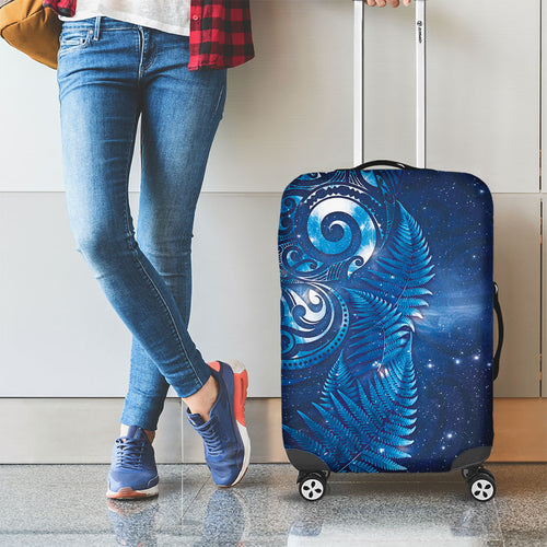 Aotearoa New Zealand New Year Luggage Cover Tribal Koru Tattoo Blue Galaxy Maori Silver Fern