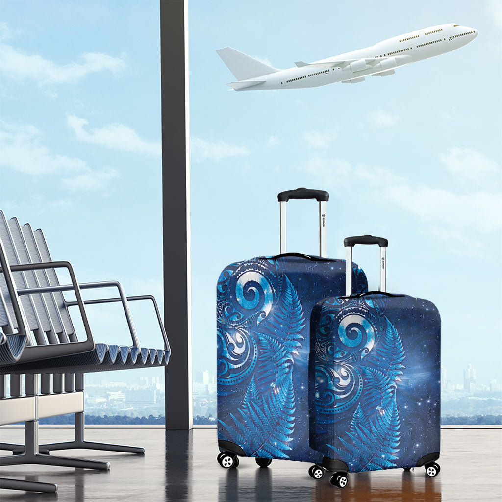 Aotearoa New Zealand New Year Luggage Cover Tribal Koru Tattoo Blue Galaxy Maori Silver Fern