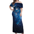Aotearoa New Zealand New Year Off Shoulder Maxi Dress Tribal Koru Tattoo Blue Galaxy Maori Silver Fern