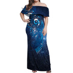 Aotearoa New Zealand New Year Off Shoulder Maxi Dress Tribal Koru Tattoo Blue Galaxy Maori Silver Fern