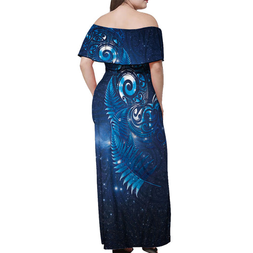 Aotearoa New Zealand New Year Off Shoulder Maxi Dress Tribal Koru Tattoo Blue Galaxy Maori Silver Fern