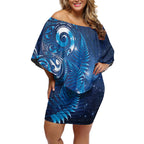 Aotearoa New Zealand New Year Off Shoulder Short Dress Tribal Koru Tattoo Blue Galaxy Maori Silver Fern