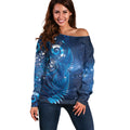 Aotearoa New Zealand New Year Off Shoulder Sweater Tribal Koru Tattoo Blue Galaxy Maori Silver Fern