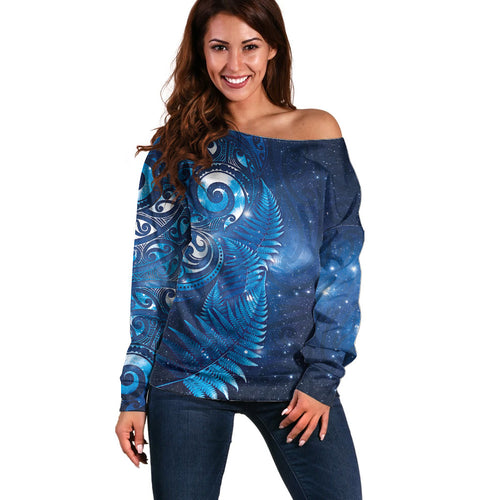 Aotearoa New Zealand New Year Off Shoulder Sweater Tribal Koru Tattoo Blue Galaxy Maori Silver Fern