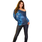 Aotearoa New Zealand New Year Off Shoulder Sweater Tribal Koru Tattoo Blue Galaxy Maori Silver Fern