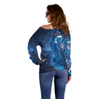Aotearoa New Zealand New Year Off Shoulder Sweater Tribal Koru Tattoo Blue Galaxy Maori Silver Fern