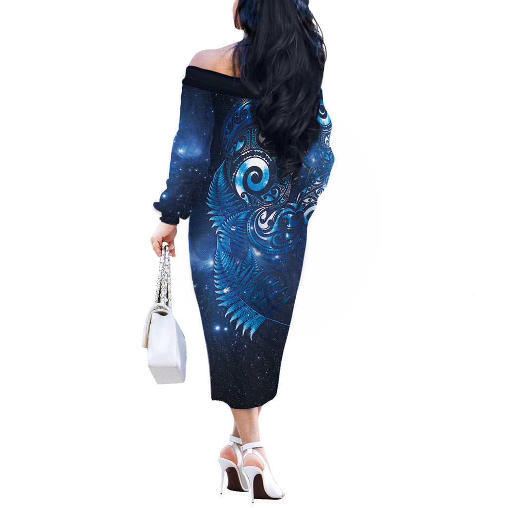 Aotearoa New Zealand New Year Off The Shoulder Long Sleeve Dress Tribal Koru Tattoo Blue Galaxy Maori Silver Fern