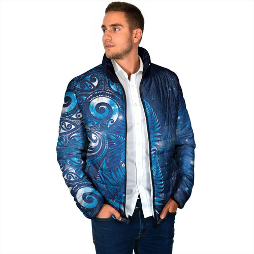 Aotearoa New Zealand New Year Padded Jacket Tribal Koru Tattoo Blue Galaxy Maori Silver Fern
