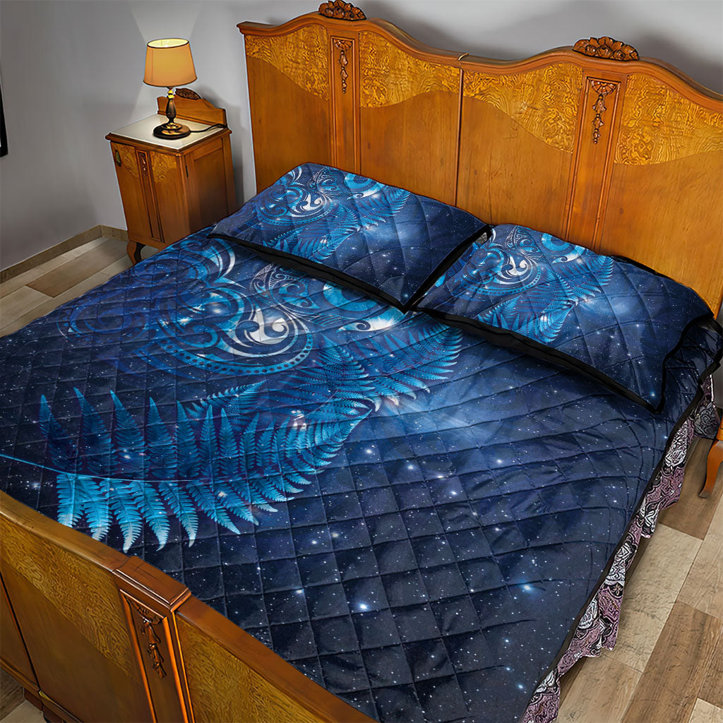 Aotearoa New Zealand New Year Quilt Bed Set Tribal Koru Tattoo Blue Galaxy Maori Silver Fern