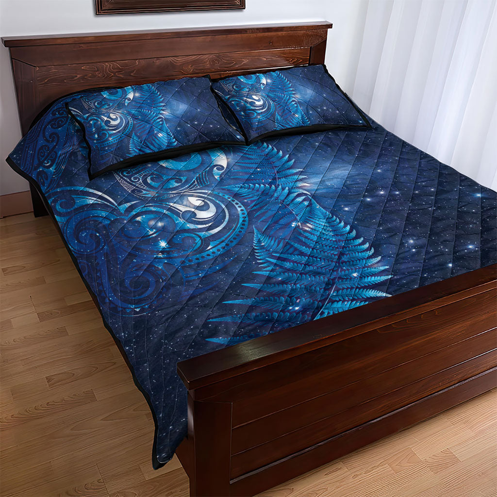 Aotearoa New Zealand New Year Quilt Bed Set Tribal Koru Tattoo Blue Galaxy Maori Silver Fern