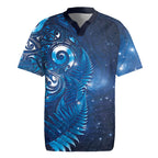Aotearoa New Zealand New Year Rugby Jersey Tribal Koru Tattoo Blue Galaxy Maori Silver Fern