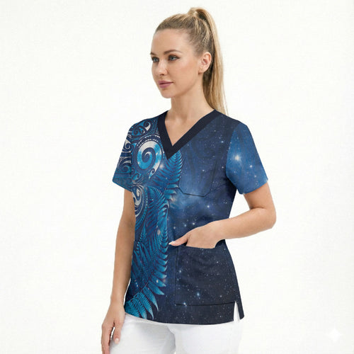 Aotearoa New Zealand New Year Scrub Top Tribal Koru Tattoo Blue Galaxy Maori Silver Fern