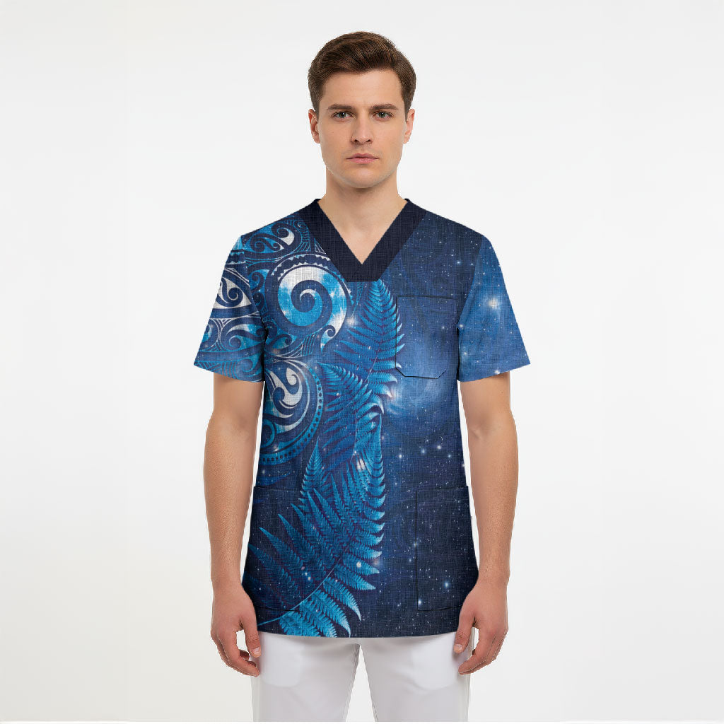 Aotearoa New Zealand New Year Scrub Top Tribal Koru Tattoo Blue Galaxy Maori Silver Fern