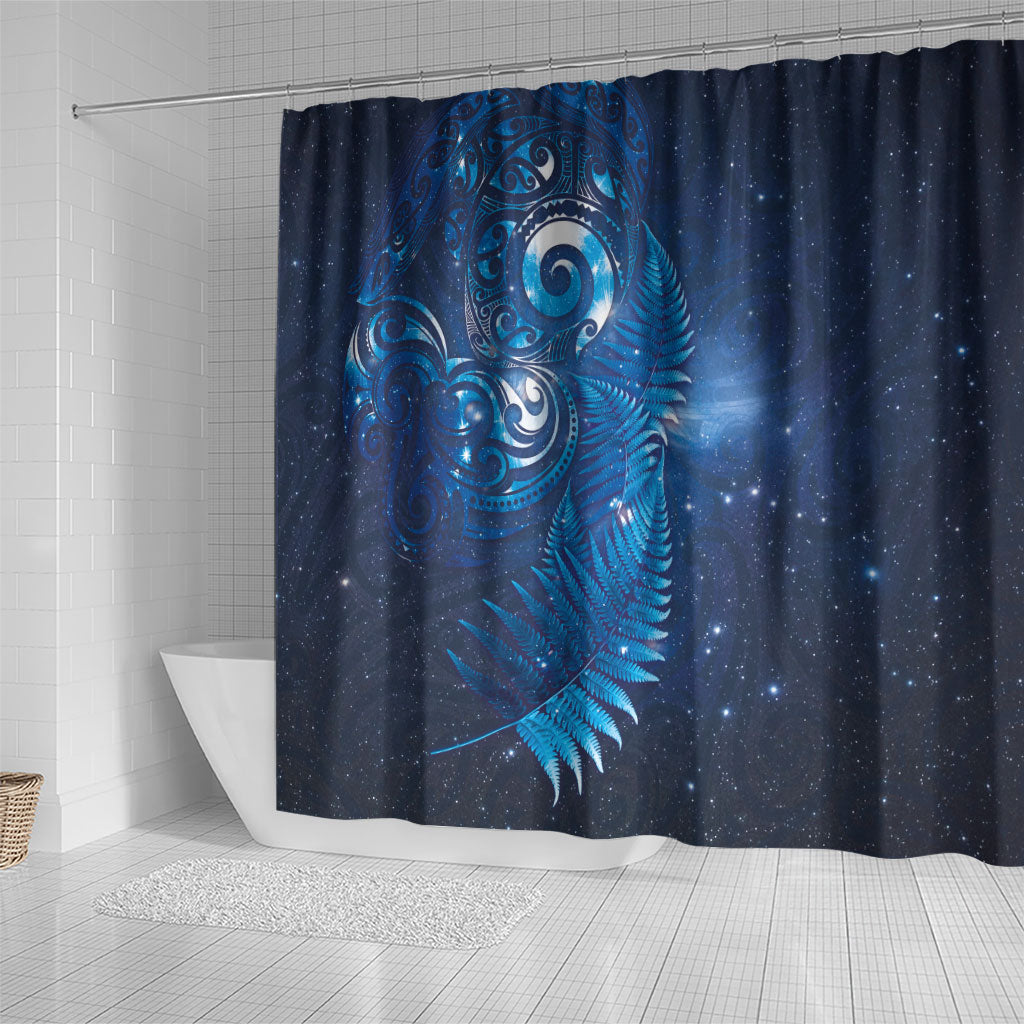Aotearoa New Zealand New Year Shower Curtain Tribal Koru Tattoo Blue Galaxy Maori Silver Fern