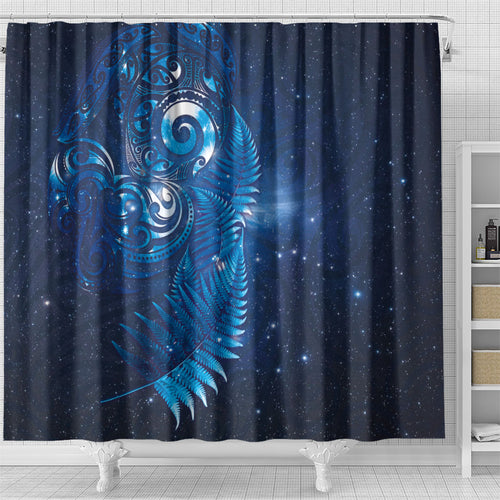 Aotearoa New Zealand New Year Shower Curtain Tribal Koru Tattoo Blue Galaxy Maori Silver Fern