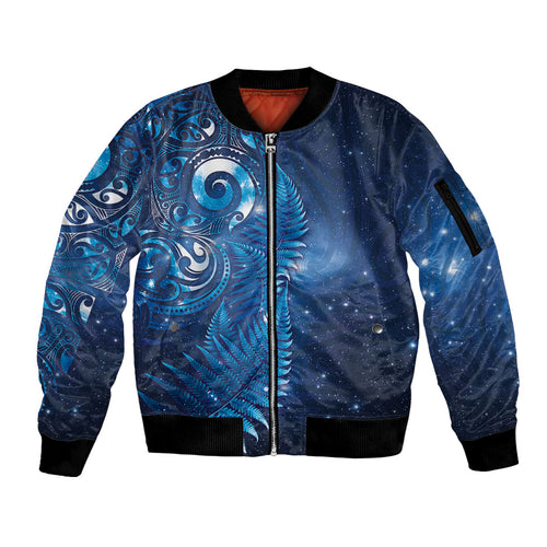 Aotearoa New Zealand New Year Sleeve Zip Bomber Jacket Tribal Koru Tattoo Blue Galaxy Maori Silver Fern