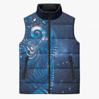 Aotearoa New Zealand New Year Sleeveless Puffer Jacket Tribal Koru Tattoo Blue Galaxy Maori Silver Fern