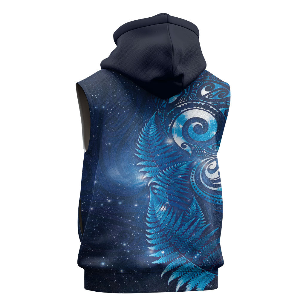 Aotearoa New Zealand New Year Sleeveless Zip Hoodie Tribal Koru Tattoo Blue Galaxy Maori Silver Fern