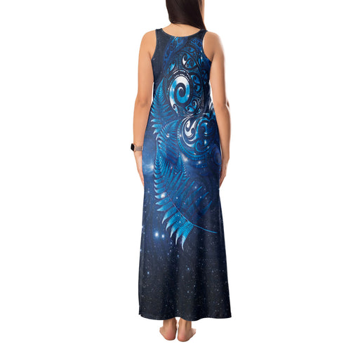 Aotearoa New Zealand New Year Tank Maxi Dress Tribal Koru Tattoo Blue Galaxy Maori Silver Fern