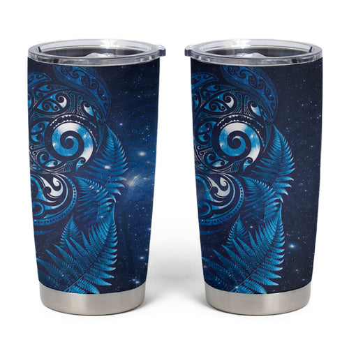 Aotearoa New Zealand New Year Tumbler Cup Tribal Koru Tattoo Blue Galaxy Maori Silver Fern