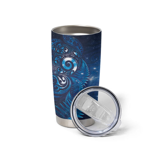 Aotearoa New Zealand New Year Tumbler Cup Tribal Koru Tattoo Blue Galaxy Maori Silver Fern