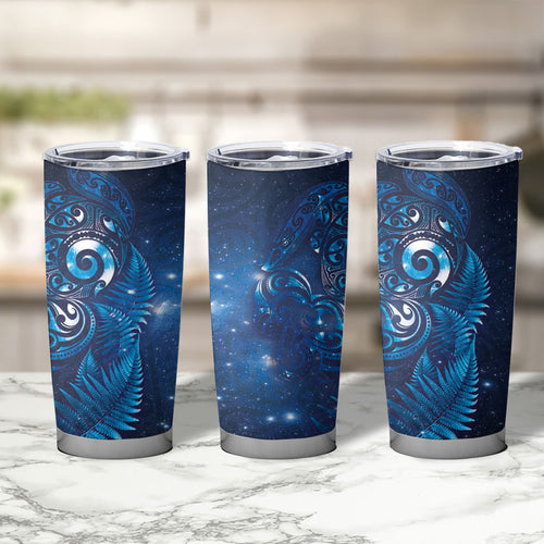 Aotearoa New Zealand New Year Tumbler Cup Tribal Koru Tattoo Blue Galaxy Maori Silver Fern