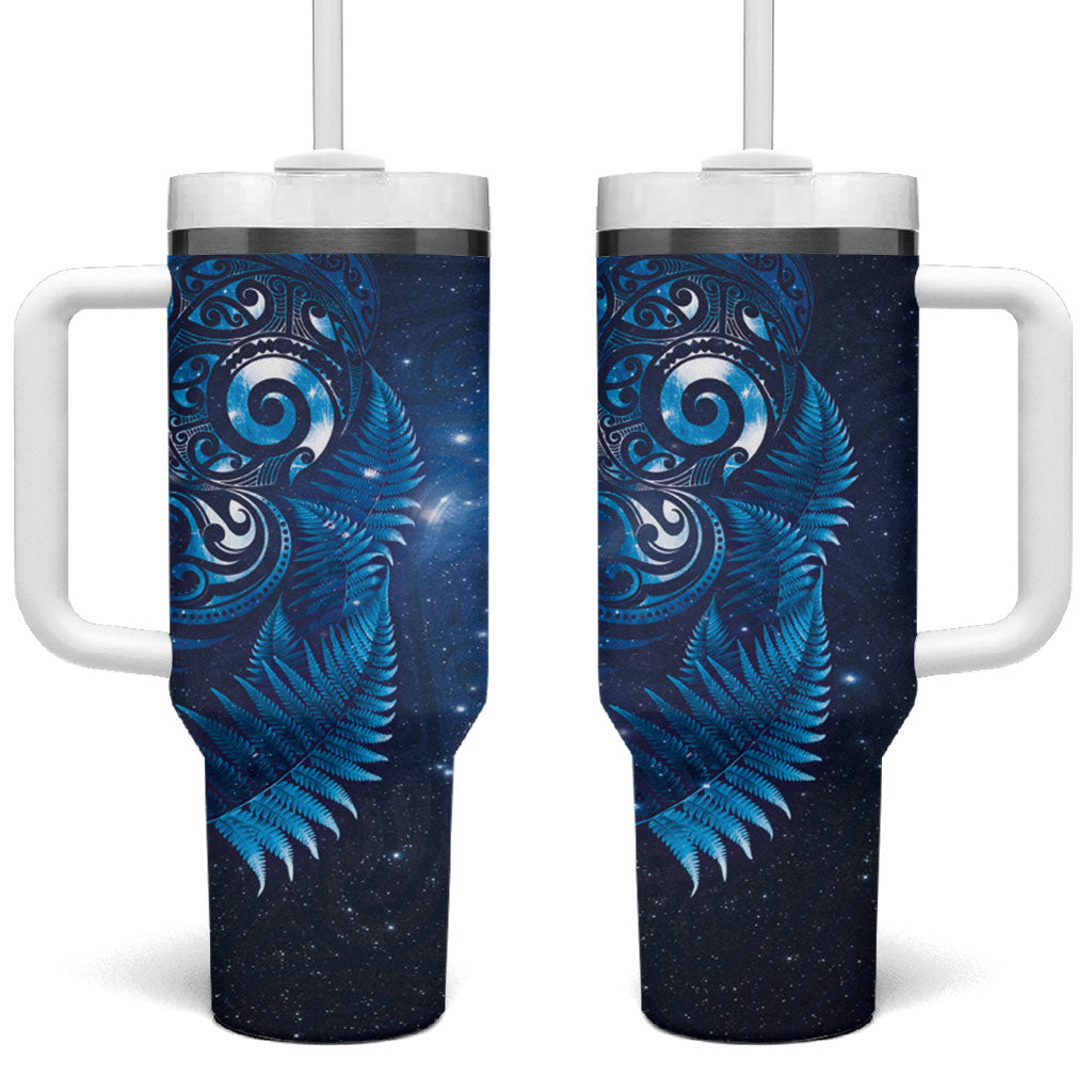 Aotearoa New Zealand New Year Tumbler With Handle Tribal Koru Tattoo Blue Galaxy Maori Silver Fern
