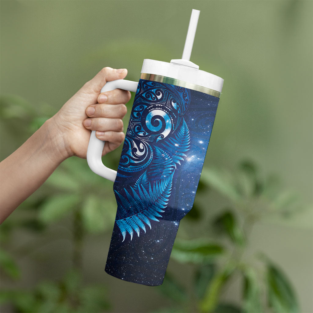 Aotearoa New Zealand New Year Tumbler With Handle Tribal Koru Tattoo Blue Galaxy Maori Silver Fern