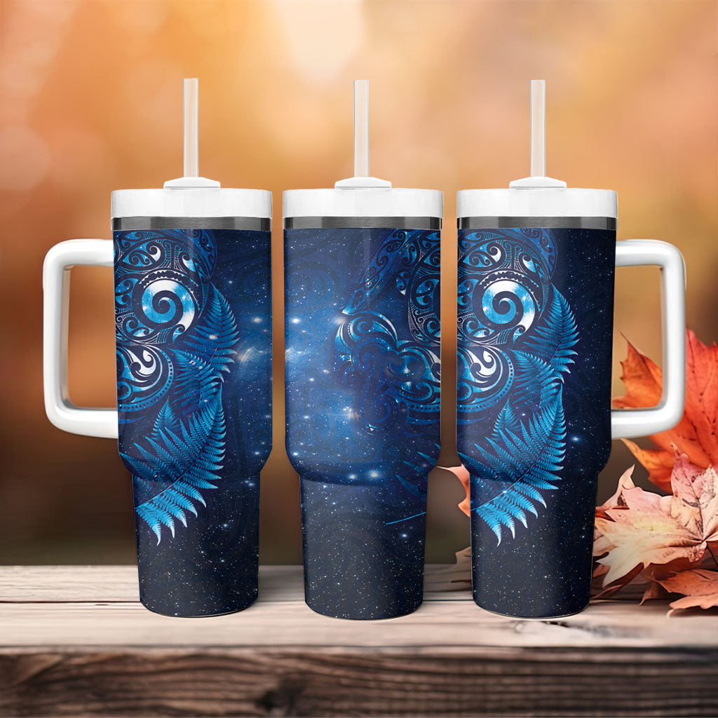 Aotearoa New Zealand New Year Tumbler With Handle Tribal Koru Tattoo Blue Galaxy Maori Silver Fern