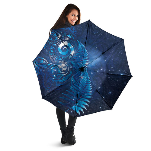 Aotearoa New Zealand New Year Umbrella Tribal Koru Tattoo Blue Galaxy Maori Silver Fern