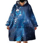 Aotearoa New Zealand New Year Wearable Blanket Hoodie Tribal Koru Tattoo Blue Galaxy Maori Silver Fern