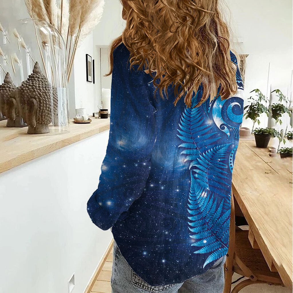 Aotearoa New Zealand New Year Women Casual Shirt Tribal Koru Tattoo Blue Galaxy Maori Silver Fern