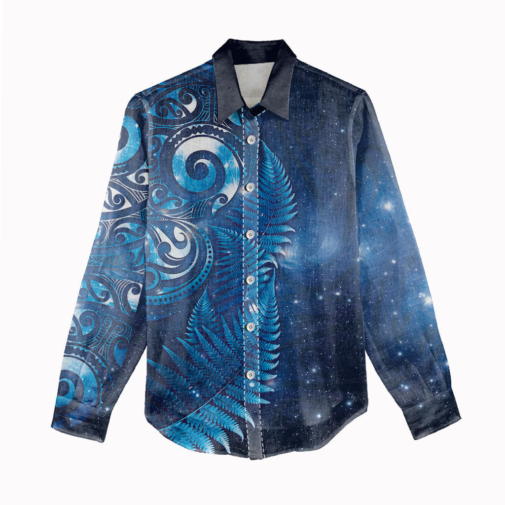 Aotearoa New Zealand New Year Women Casual Shirt Tribal Koru Tattoo Blue Galaxy Maori Silver Fern