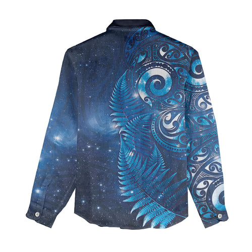 Aotearoa New Zealand New Year Women Casual Shirt Tribal Koru Tattoo Blue Galaxy Maori Silver Fern