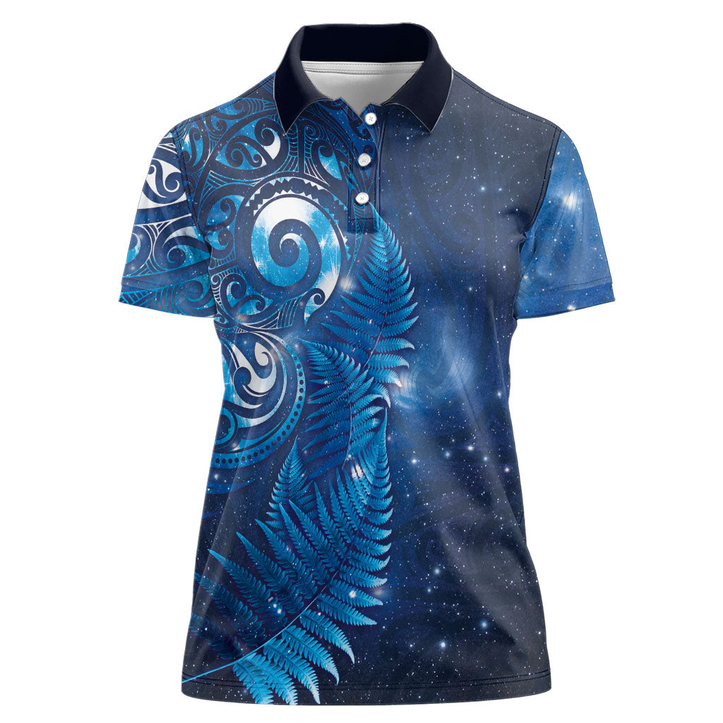 Aotearoa New Zealand New Year Women Polo Shirt Tribal Koru Tattoo Blue Galaxy Maori Silver Fern