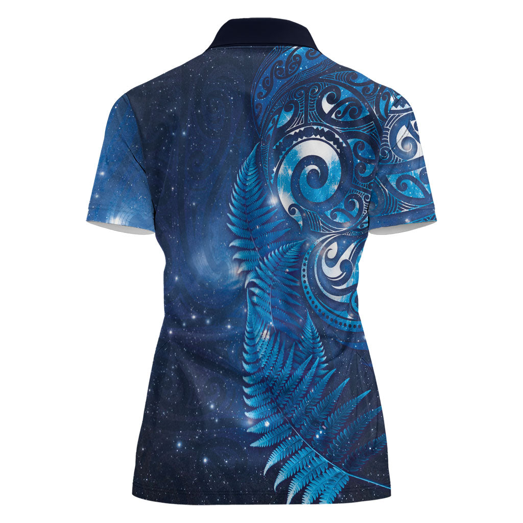 Aotearoa New Zealand New Year Women Polo Shirt Tribal Koru Tattoo Blue Galaxy Maori Silver Fern