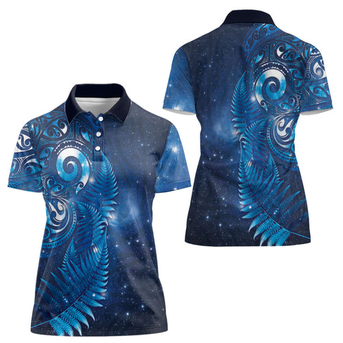 Aotearoa New Zealand New Year Women Polo Shirt Tribal Koru Tattoo Blue Galaxy Maori Silver Fern