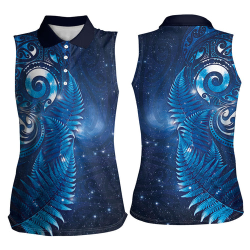 Aotearoa New Zealand New Year Women Sleeveless Polo Shirt Tribal Koru Tattoo Blue Galaxy Maori Silver Fern