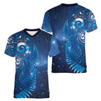 Aotearoa New Zealand New Year Women V-Neck T-Shirt Tribal Koru Tattoo Blue Galaxy Maori Silver Fern